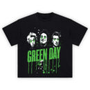 Green Day Drip Logo T-Shirt featuring X-eyed portraits of the band and neon green paint-drip text design
