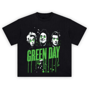 Green Day Drip Logo T-Shirt featuring X-eyed portraits of the band and neon green paint-drip text design