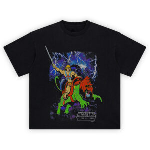 Masters of the Universe Tee with He-Man, Battle Cat, lightning storm, and Castle Grayskull retro comic design