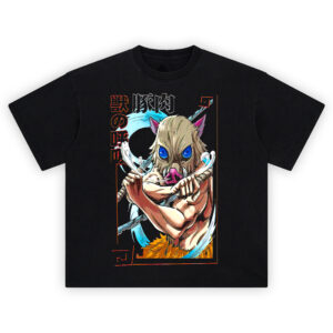 Inosuke Hashibira graphic tee with dual sword pose, boar mask, bold kanji, and Beast Breathing anime effects