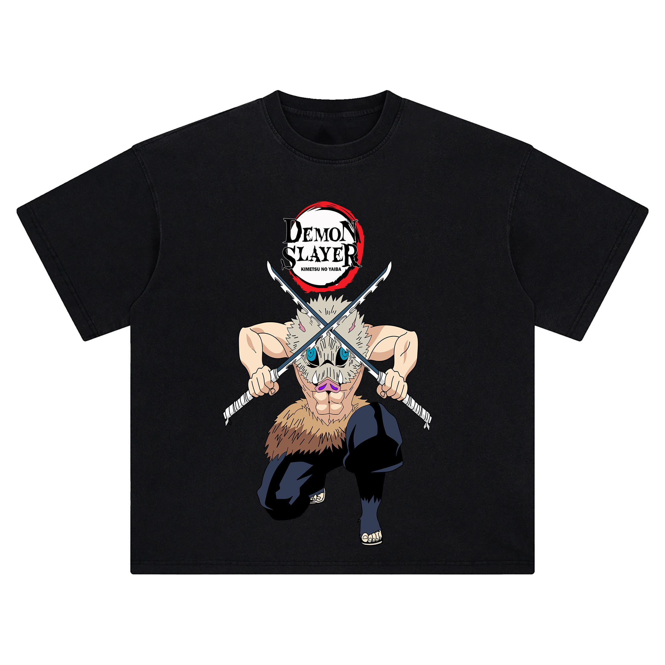 Beast Slayer Inosuke Tee featuring Inosuke crouched with dual katanas and boar mask under Demon Slayer logo