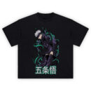 Gojo Satoru Streetwear Tee with black and purple energy, Japanese kanji, and anime-style sorcerer artwork