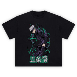 Gojo Satoru Streetwear Tee with black and purple energy, Japanese kanji, and anime-style sorcerer artwork