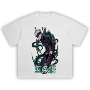 Gojo Satoru Streetwear Tee with black and purple energy, Japanese kanji, and anime-style sorcerer artwork