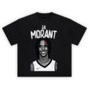 Ja Morant Cold Highlight tee with grayscale portrait, bold white cracked lettering, and Memphis-inspired color pop hair streaks