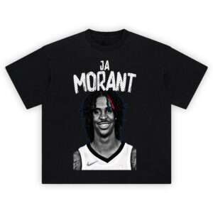 Ja Morant Cold Highlight tee with grayscale portrait, bold white cracked lettering, and Memphis-inspired color pop hair streaks