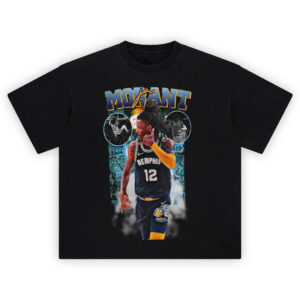 Ja Morant Highlight Circuit tee with Memphis jersey, signature logo, game highlight collage, and cracked varsity text design