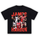 James Harden Basketball Tee showing collage of Philadelphia 76ers moments and signature beard style