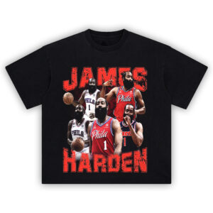 James Harden Basketball Tee showing collage of Philadelphia 76ers moments and signature beard style