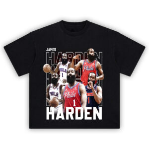 James Harden T-Shirt featuring multiple images of Harden in Sixers jerseys
