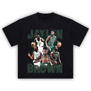 Jaylen Brown Celtics Shirt featuring bold graphic collage in green and white jersey moments