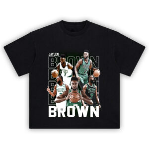 Jaylen Brown T-Shirt featuring iconic action shots in Celtics jerseys and bold team design