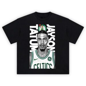 Jayson Tatum Franchise Focus tee featuring grayscale Celtics portrait, vertical white text, and centered Boston team logo