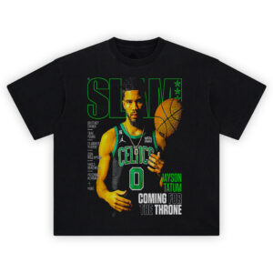 Jayson Tatum Throne Hunt tee with SLAM cover collage, Celtics jersey, and bold “Coming for the Throne” headline in neon green and white