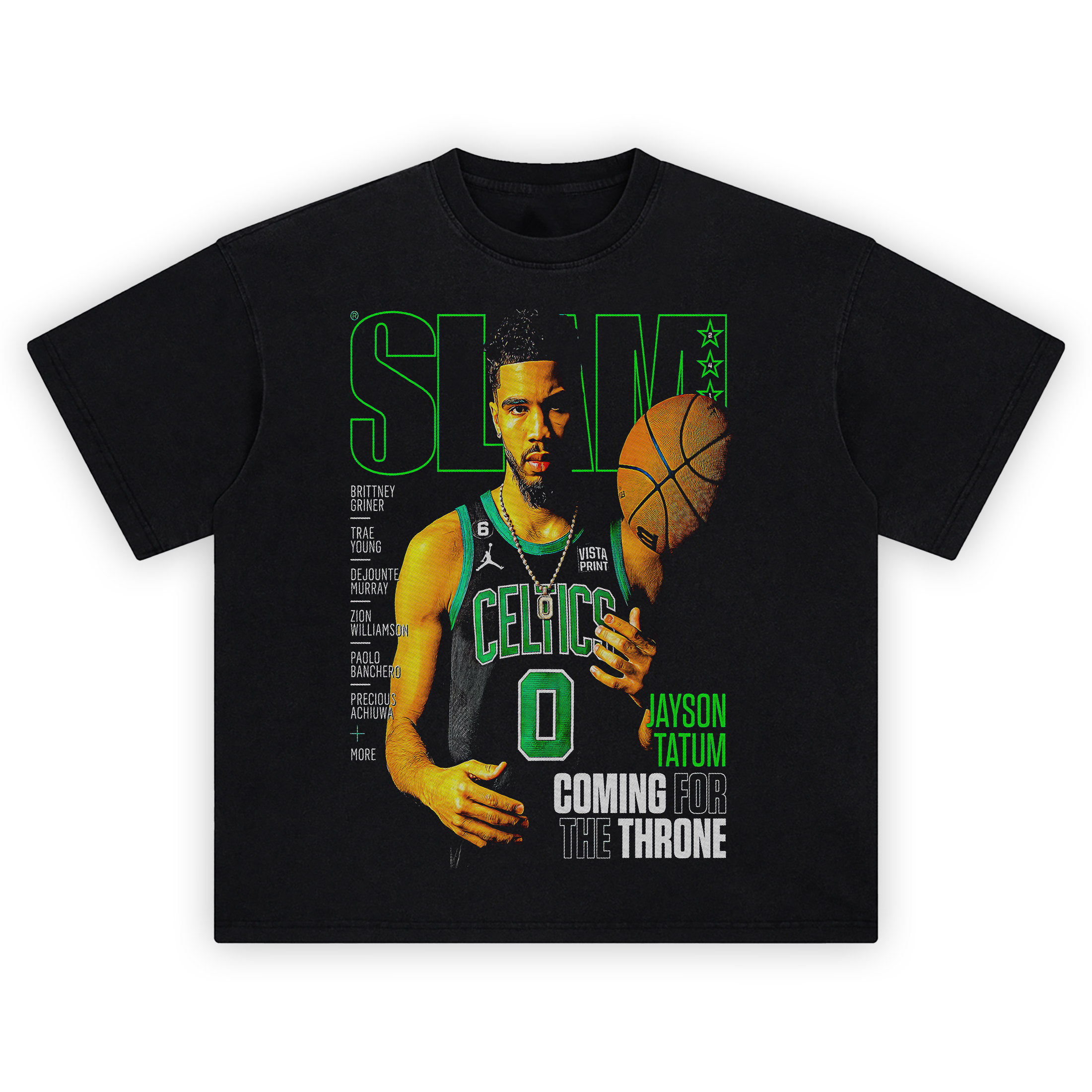 Jayson Tatum Throne Hunt tee with SLAM cover collage, Celtics jersey, and bold โComing for the Throneโ headline in neon green and white