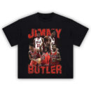 Jimmy Butler Bulls Graphic Tee featuring collage of iconic moments during his Chicago Bulls era in bold red tribute art