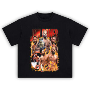 Jon Jones T-Shirt featuring UFC champion graphic collage with fire and title belt