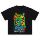 Justice League Comic Book T-Shirt with Superman, Batman, Wonder Woman, Flash, and Green Lantern in classic comic style