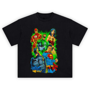Justice League Comic Book T-Shirt with Superman, Batman, Wonder Woman, Flash, and Green Lantern in classic comic style