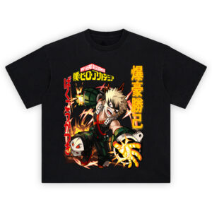 Katsuki Bakugo graphic tee with explosive anime artwork, My Hero Academia logo, and dynamic Japanese kanji