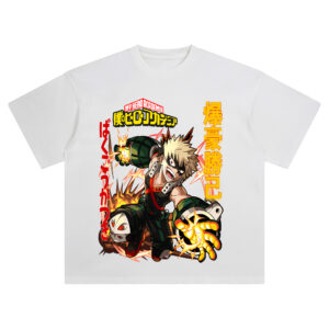 Katsuki Bakugo graphic tee with explosive anime artwork, My Hero Academia logo, and dynamic Japanese kanji