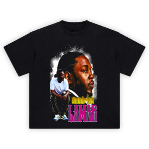 Kendrick Lamar Vintage Tee featuring large portrait and seated figure in retro hip-hop design