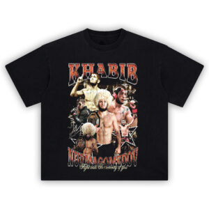 Khabib Nurmagomedov Graphic Tee with UFC champion collage and iconic Papakha moments