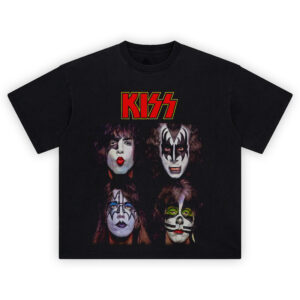 KISS Band Tee with iconic face paint portraits of Gene Simmons and original band members