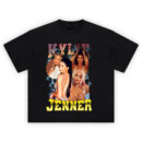 Kylie Jenner graphic tee with lightning collage design, bold retro lettering, and pop royalty style
