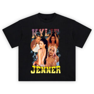 Kylie Jenner graphic tee with lightning collage design, bold retro lettering, and pop royalty style