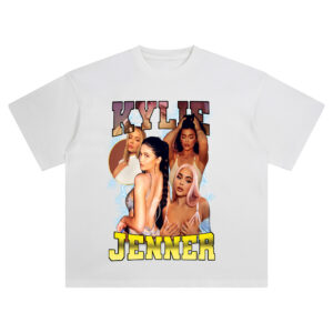 Kylie Jenner graphic tee with lightning collage design, bold retro lettering, and pop royalty style