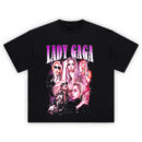 Lady Gaga Icon T-Shirt with electric pink collage of the pop star’s most glamorous era looks