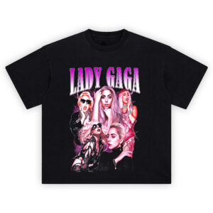 Lady Gaga Icon T-Shirt with electric pink collage of the pop star’s most glamorous era looks