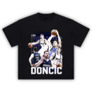 Luka Dončić T-Shirt featuring collage of the Mavericks star in white and navy jerseys