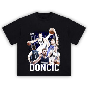 Luka Dončić T-Shirt featuring collage of the Mavericks star in white and navy jerseys