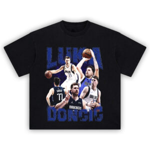 Luka Dončić Mavs Hero Tee showcasing collage of Dončić in signature plays for Dallas Mavericks