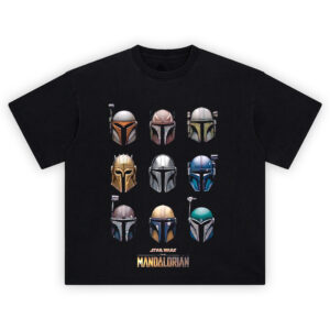 The Mandalorian Helmet Shirt with grid of nine colorful Star Wars Mandalorian helmets and logo beneath
