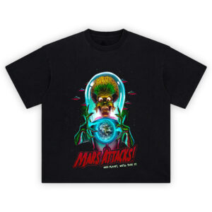 Mars Attacks Tee with green Martian gripping Earth and bold red retro sci-fi logo