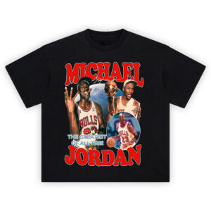 Michael Jordan GOAT Mode tee with Bulls collage, trophy celebration, retro red varsity lettering, and iconic 23 moments