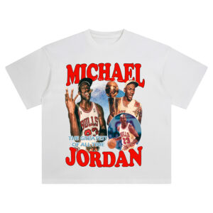 Michael Jordan GOAT Mode tee with Bulls collage, trophy celebration, retro red varsity lettering, and iconic 23 moments