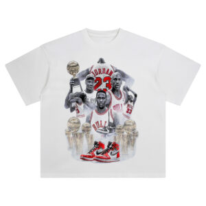 Michael Jordan Legacy Pack tee featuring Bulls collage, six trophies, Air Jordan 1 sneakers, and iconic No. 23 jersey