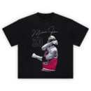 Michael Jordan Signature Roar tee featuring red Bulls jersey, bold No. 23, white script autograph, and high-contrast halftone celebration