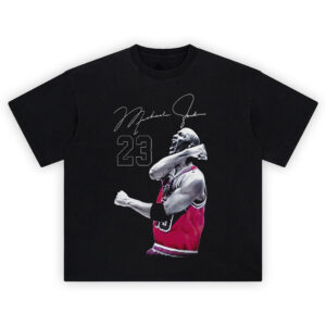 Michael Jordan Signature Roar tee featuring red Bulls jersey, bold No. 23, white script autograph, and high-contrast halftone celebration