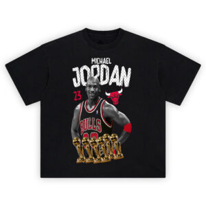 Michael Jordan Six Rings tee with Bulls jersey, gold championship trophies, distressed white Jordan text, and red 23 overlay