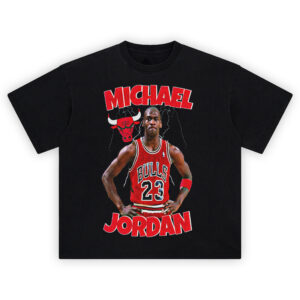 Michael Jordan Voltage Era tee featuring Bulls jersey, lightning storm background, red varsity font, and Chicago Bulls logo