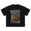 Mike Tyson Iron Legacy tee with boxing collage, championship belts, Everlast gloves, and vintage-style lightning background