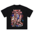 Mike Tyson Kid Dynamite tee featuring tiger, belts, boxing action, and wild retro design with red gradient header