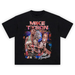 Mike Tyson Kid Dynamite tee featuring tiger, belts, boxing action, and wild retro design with red gradient header
