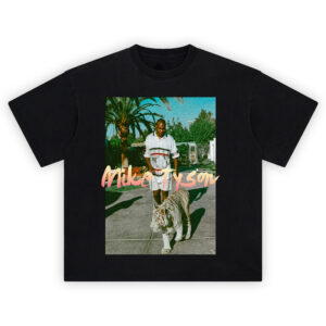 Mike Tyson tiger walk tee featuring vintage photo of Tyson walking white tiger in Tommy Hilfiger with pastel handwritten logo