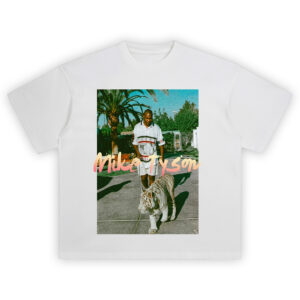 Mike Tyson tiger walk tee featuring vintage photo of Tyson walking white tiger in Tommy Hilfiger with pastel handwritten logo